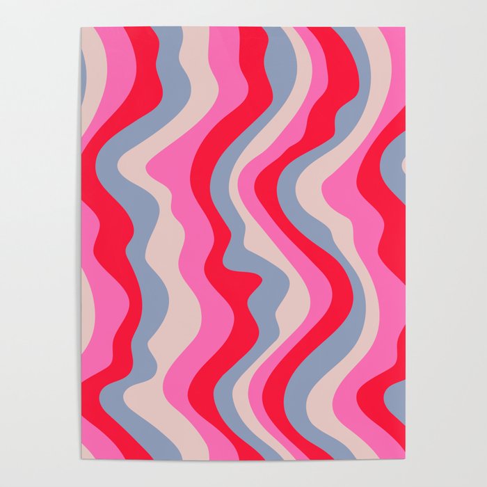 GOOD VIBRATIONS GROOVY MOD RETRO WAVY STRIPES in FUCHSIA PINK RED LAVENDER Poster