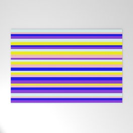 [ Thumbnail: Eyecatching Pink, Blue, Purple, Light Cyan & Yellow Colored Striped Pattern Welcome Mat ]