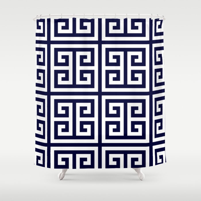 Greek Key Patten White And Navy Blue Shower Curtain By