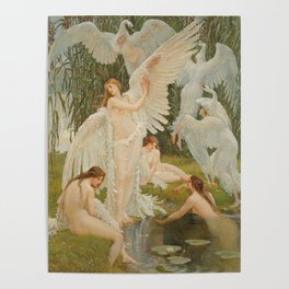 White Swans and the Maidens angelic garden landscape painting by Walter Crane  Poster