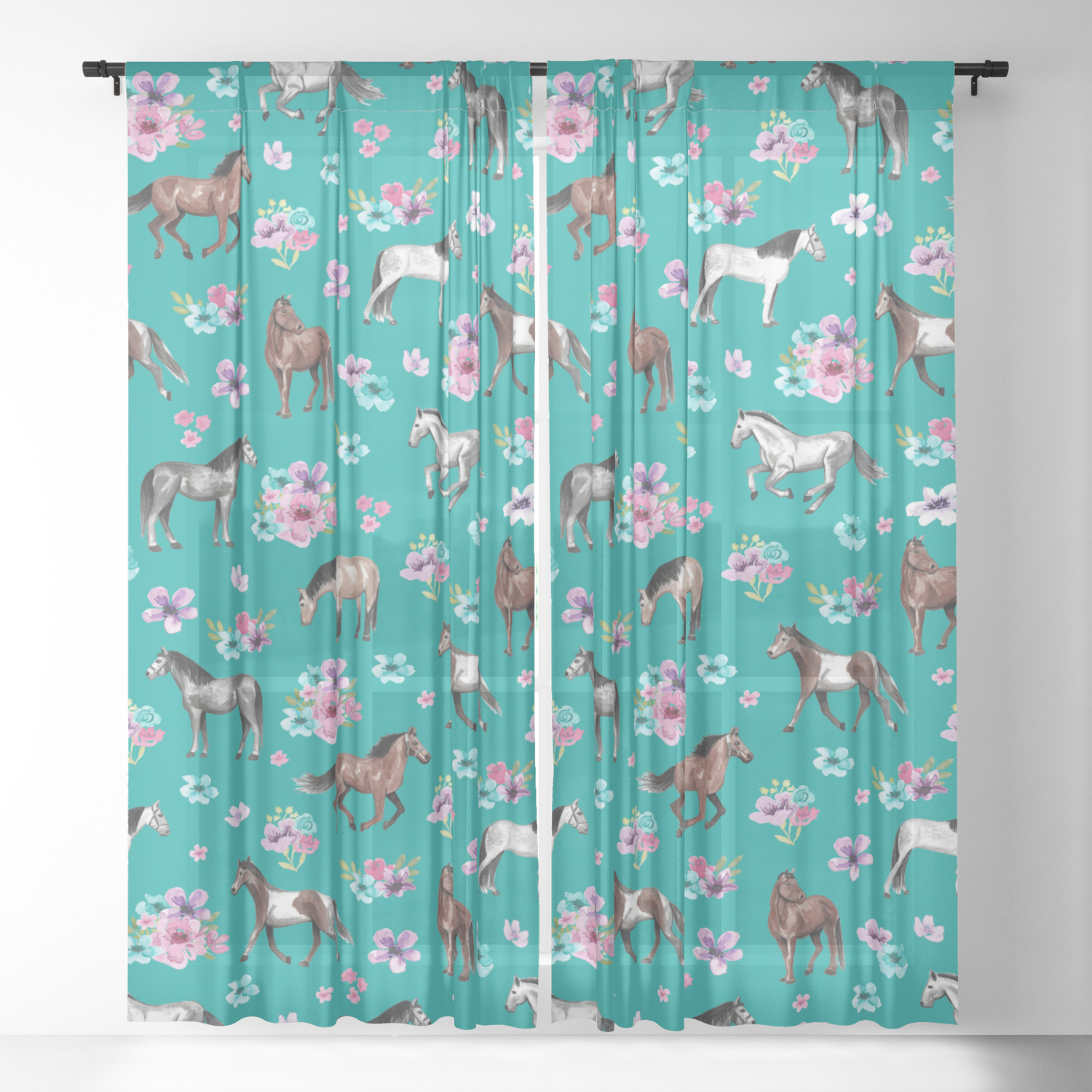 Horse Pattern Floral Print Turquoise Little Girls Room Horses Sheer Curtain By Cateandrainn
