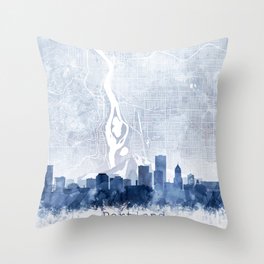 Portland Skyline & Map Watercolor Navy Blue, Print by Zouzounio Art Throw Pillow