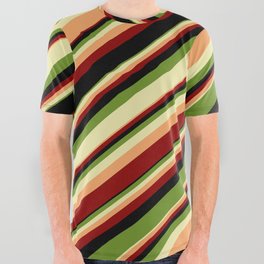 [ Thumbnail: Colorful Green, Pale Goldenrod, Brown, Dark Red & Black Colored Stripes Pattern All Over Graphic Tee ]