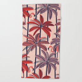 Retro vacation mode // rose background neon red orange shade coral and dry rose palm trees oxford navy blue lines coral flamingos Beach Towel