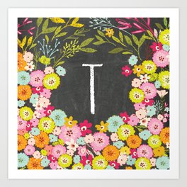 T botanical monogram. Letter initial with colorful flowers on a chalkboard background Art Print