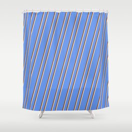 [ Thumbnail: Cornflower Blue, Brown, and Bisque Colored Lines Pattern Shower Curtain ]