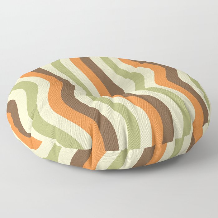 Wobbly 70s Stripes Pattern Avocado Green Brown Orange Floor Pillow