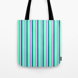 [ Thumbnail: Fuchsia, Light Cyan, Dark Cyan, and Aquamarine Colored Pattern of Stripes Tote Bag ]