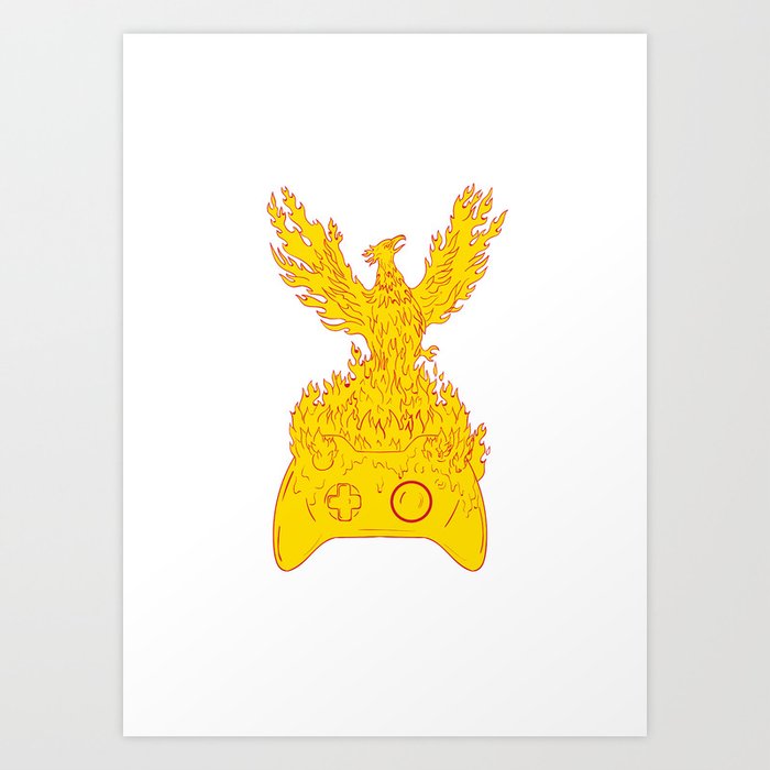 Phoenix Rising Fiery Flames Over Game Controller Drawing Art Print