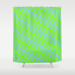 [ Thumbnail: Green & Sky Blue Colored Striped Pattern Shower Curtain ]