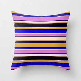 [ Thumbnail: Colorful Blue, Bisque, Goldenrod, Orchid, and Black Colored Stripes Pattern Throw Pillow ]