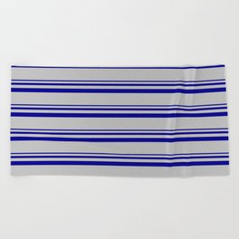 [ Thumbnail: Dark Blue and Grey Colored Pattern of Stripes Beach Towel ]