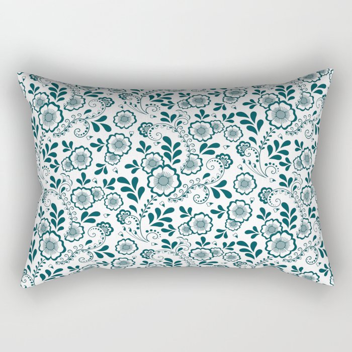 Teal Blue Eastern Floral Pattern Rectangular Pillow