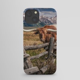 Texas Longhorn Steer with Wood Log Fence in Wyoming Pasture iPhone Case