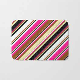 [ Thumbnail: Vibrant Brown, Pale Goldenrod, Black, Mint Cream & Deep Pink Colored Lined/Striped Pattern Bath Mat ]