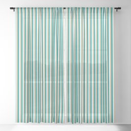 [ Thumbnail: Tan, Dark Cyan, and Light Cyan Colored Striped Pattern Sheer Curtain ]