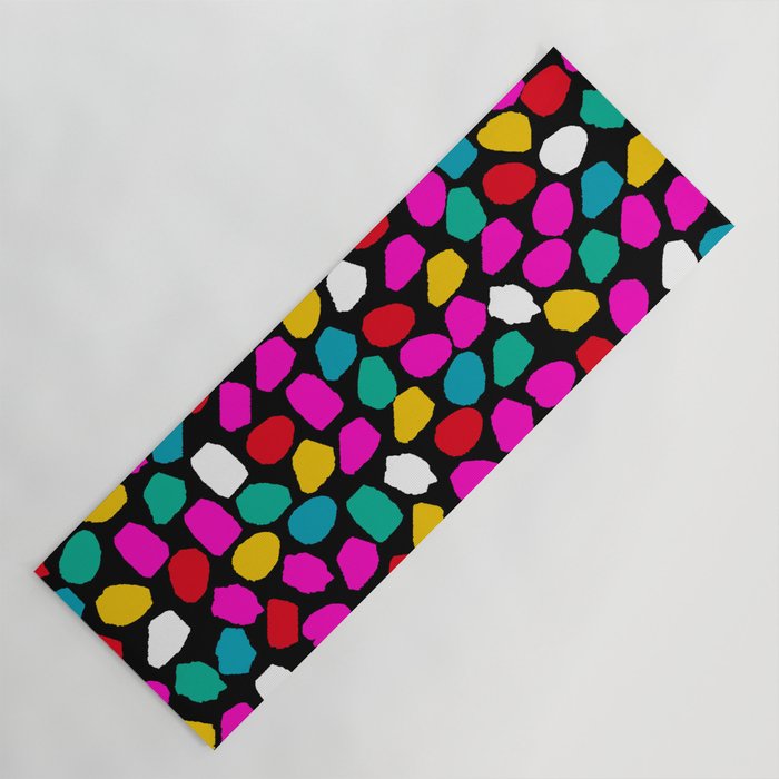 Ink Dot Colourful 80s Mosaic Pattern in Bright Colours on Black Yoga Mat