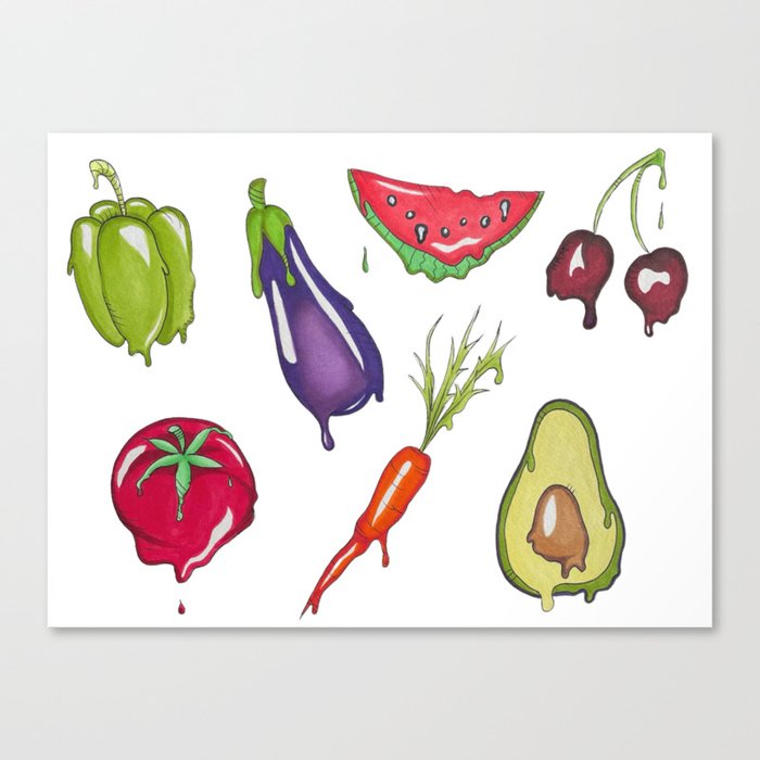 Trippy Melting Fruits and Vegetables - Hand Drawn Canvas Print