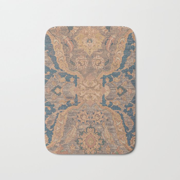 Persian Motif I // 17th Century Ornate Rose Gold Silver Royal Blue Yellow Flowery Accent Rug Pattern Bath Mat