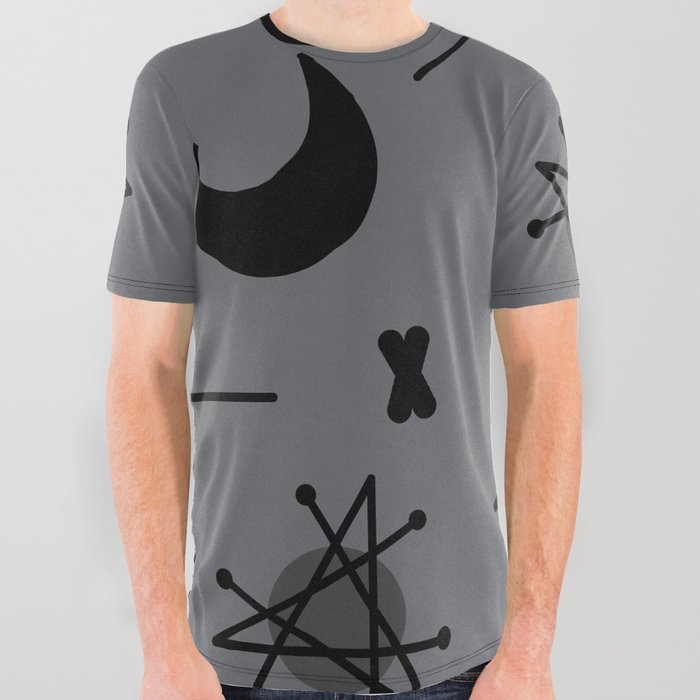 Moons & Stars Atomic Era Abstract Slate Gray All Over Graphic Tee