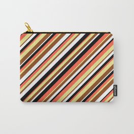[ Thumbnail: Eyecatching Red, Tan, Brown, White & Black Colored Lined Pattern Carry-All Pouch ]