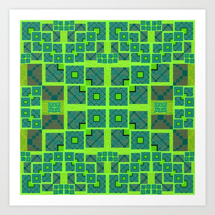 Retro Techno Glitch Quilt Green Print Art Print