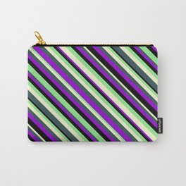 [ Thumbnail: Light Green, Light Yellow, Dark Slate Gray, Dark Violet, and Black Colored Lines/Stripes Pattern Carry-All Pouch ]