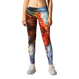 Red macaw on a blue background. Bright abstract tropical bird. Parrot in flight with colorful wings. Leggings | Macawonblue, Abstractbird, Bigmacaw, Brightparrot, Hugeparrot, Parrotinflight, Bluebackground, Macawflight, Redwings, Redfeathers 