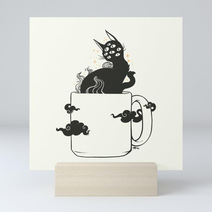 Many Eyed Cat In Coffee Cup With Magic Clouds Mini Art Print