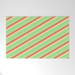 [ Thumbnail: Red, Tan & Light Green Colored Lines Pattern Welcome Mat ]
