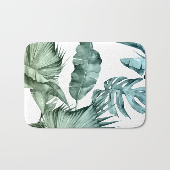Tropical Palm Leaves Turquoise Green Blue Gradient Bath Mat