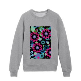 Retro Mod Floral Pattern in Blues and Pink Kids Crewneck