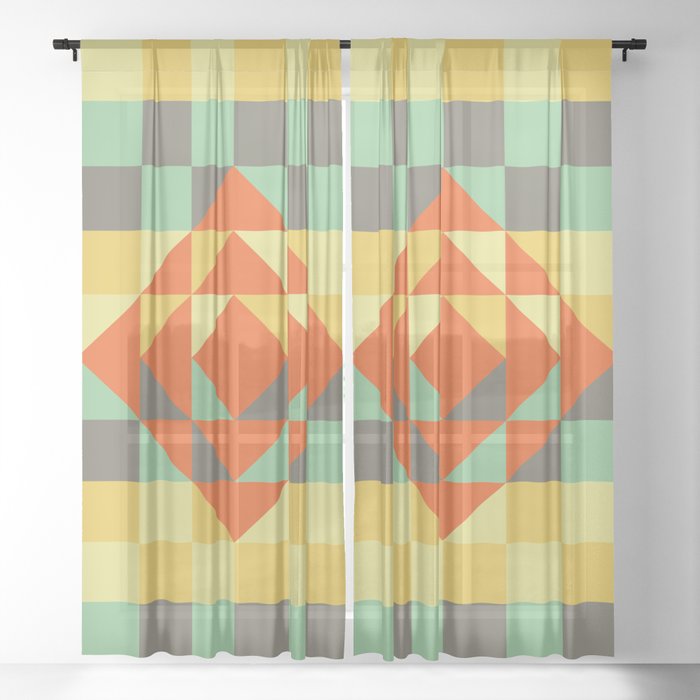 Green and yellow gingham checked ornament Sheer Curtain