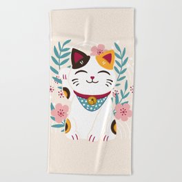 Japanese Lucky Cat with Cherry Blossoms Beach Towel