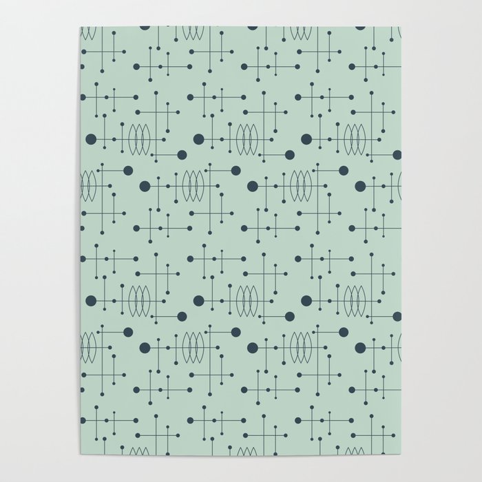 Mid Century Atomic Age Pattern Charcoal and Aqua Poster