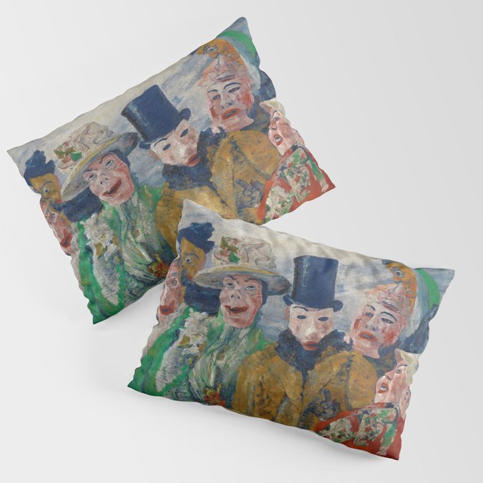 L'Intrigue; the masquerade ball party goers grotesque art portrait painting by James Ensor Pillow Sham