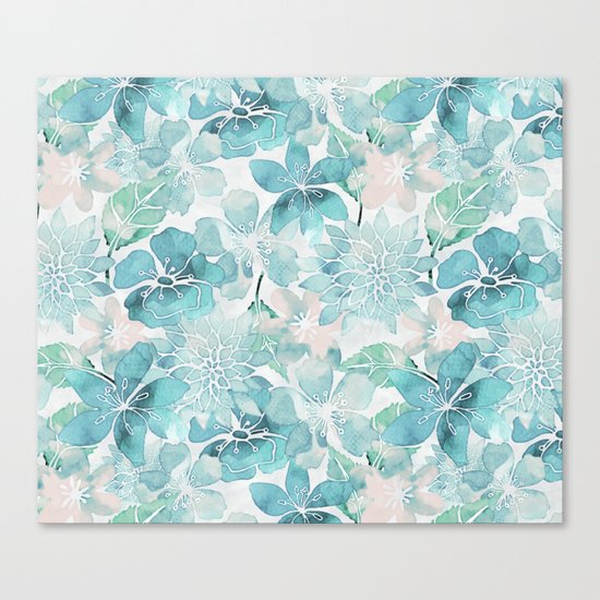 Blue green watercolor flower pattern Canvas Print