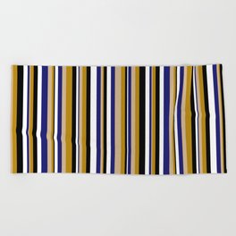 [ Thumbnail: Tan, Dark Goldenrod, Black, White & Midnight Blue Colored Lines/Stripes Pattern Beach Towel ]