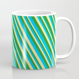 [ Thumbnail: Deep Sky Blue, Tan & Forest Green Colored Striped Pattern Coffee Mug ]