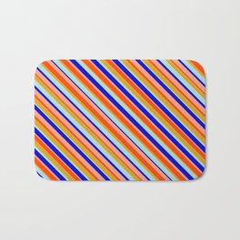 [ Thumbnail: Eye-catching Red, Goldenrod, Powder Blue, Blue, and Light Salmon Colored Lined/Striped Pattern Bath Mat ]