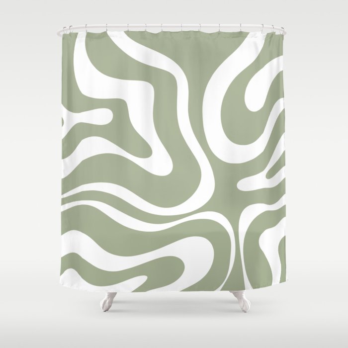 Modern Retro Liquid Swirl Abstract Pattern in Muted Sage Green and White Shower Curtain