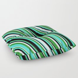 [ Thumbnail: Turquoise, Black, Light Cyan, and Forest Green Colored Stripes Pattern Floor Pillow ]