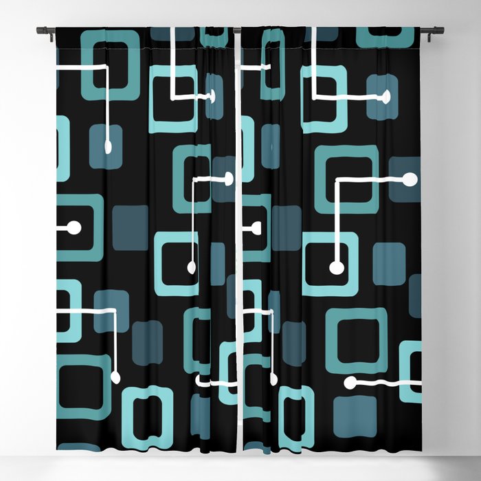 Midcentury 1950s Tiles & Squares Black Turquoise Blackout Curtain
