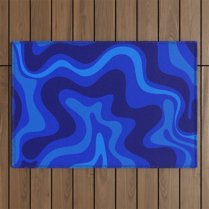Retro Liquid Swirl Abstract Pattern in Super Blue Outdoor Rug