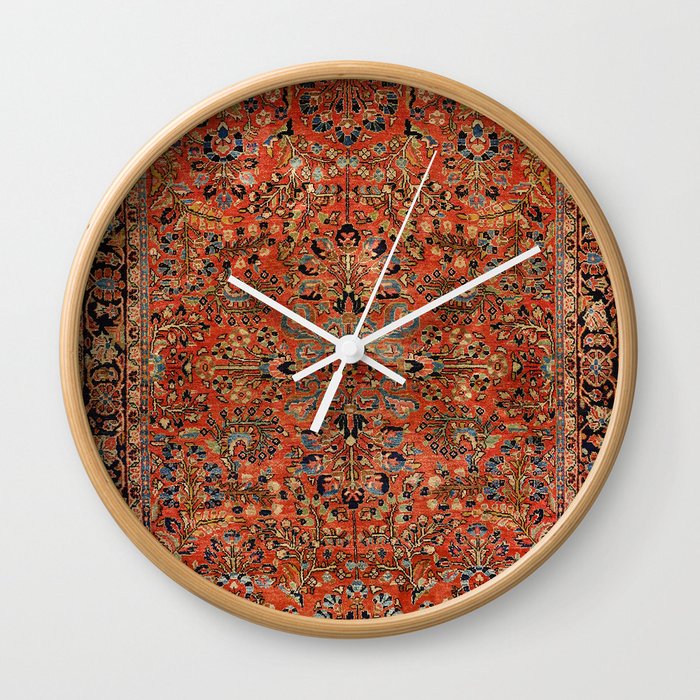 Persia Sarouk 19th Century Authentic Colorful Red Yellow Leaf Vintage Patterns Wall Clock