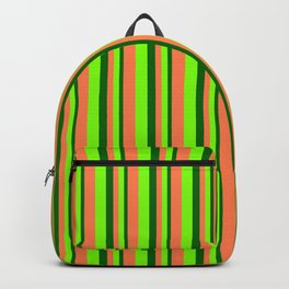 [ Thumbnail: Dark Green, Chartreuse & Coral Colored Lined/Striped Pattern Backpack ]