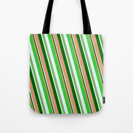 [ Thumbnail: Dark Green, Dark Salmon, Lime Green, and Light Cyan Colored Striped/Lined Pattern Tote Bag ]
