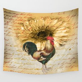 Rooster Sunflower Vintage Script Wall Tapestry