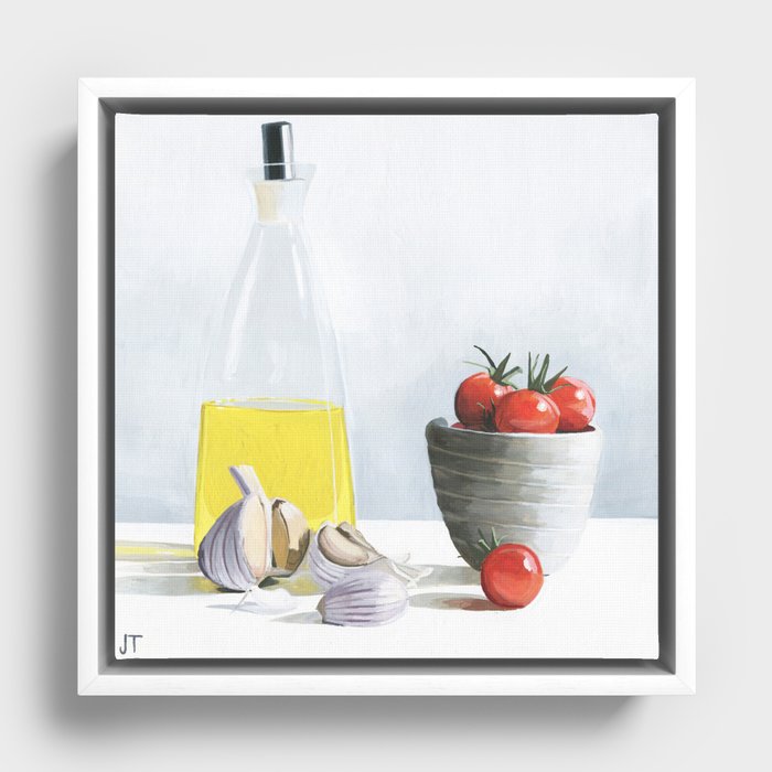 Olive Oil and Tomatoes Framed Canvas