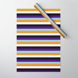 [ Thumbnail: Eyecatching Indigo, Sky Blue, Dark Orange, White, and Black Colored Lined/Striped Pattern Wrapping Paper ]